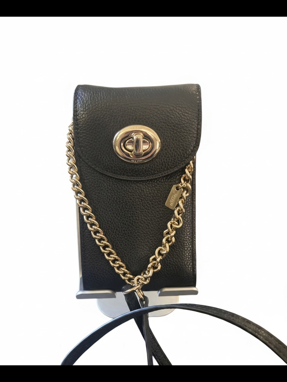 Coach Black Pebbled Leather Phone Crossbody with Gold Hardware